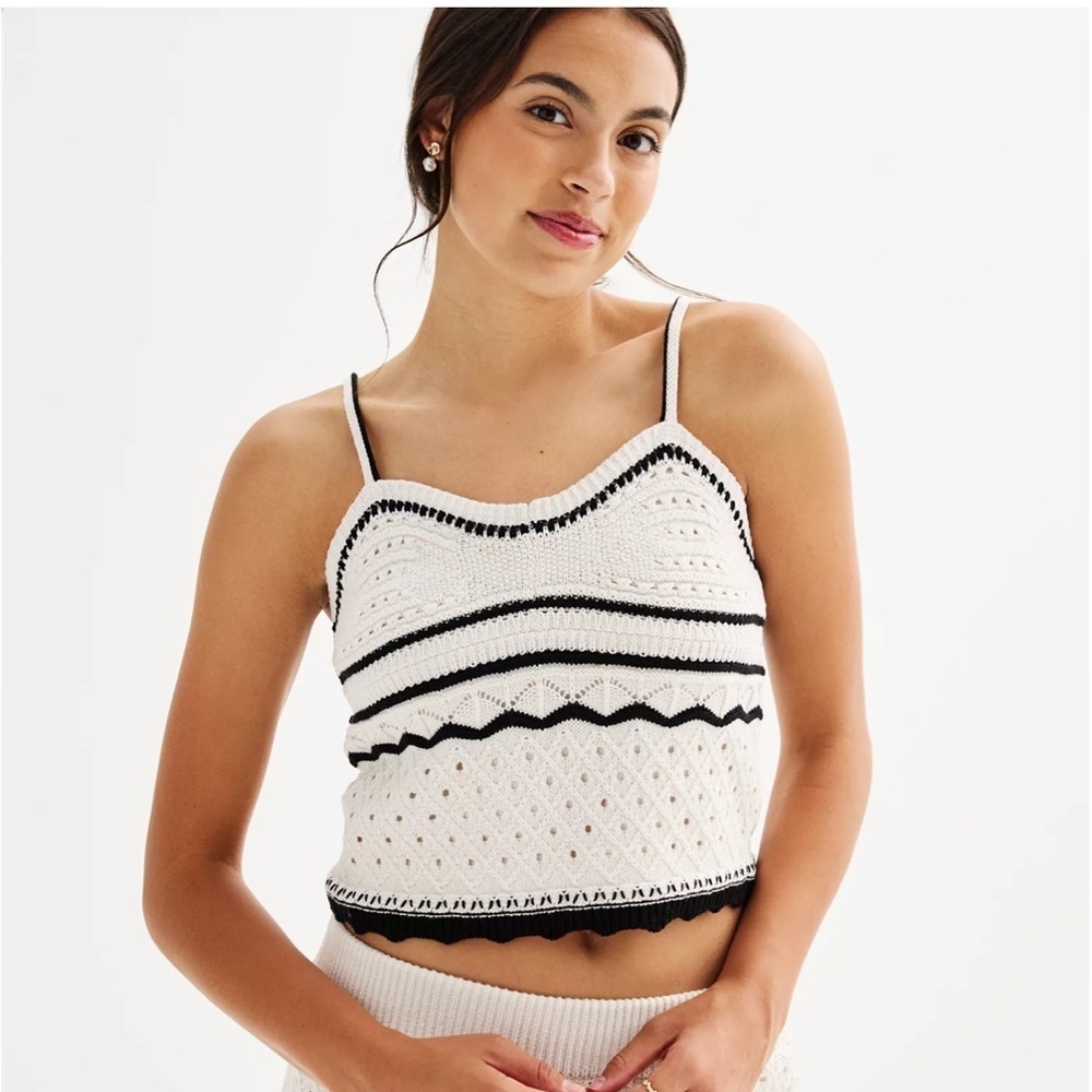 Olive + Oak Crochet Pointelle Knit Tank Top L Ivory Black Festival New w/Defect